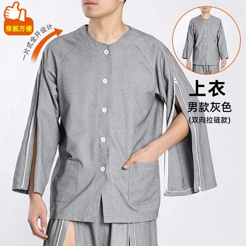 Fully zippered Patient uniform Long sleeve Nursing clothing easy to wear Patient suit Hospital Top Pants set Solid Shirt Trouser