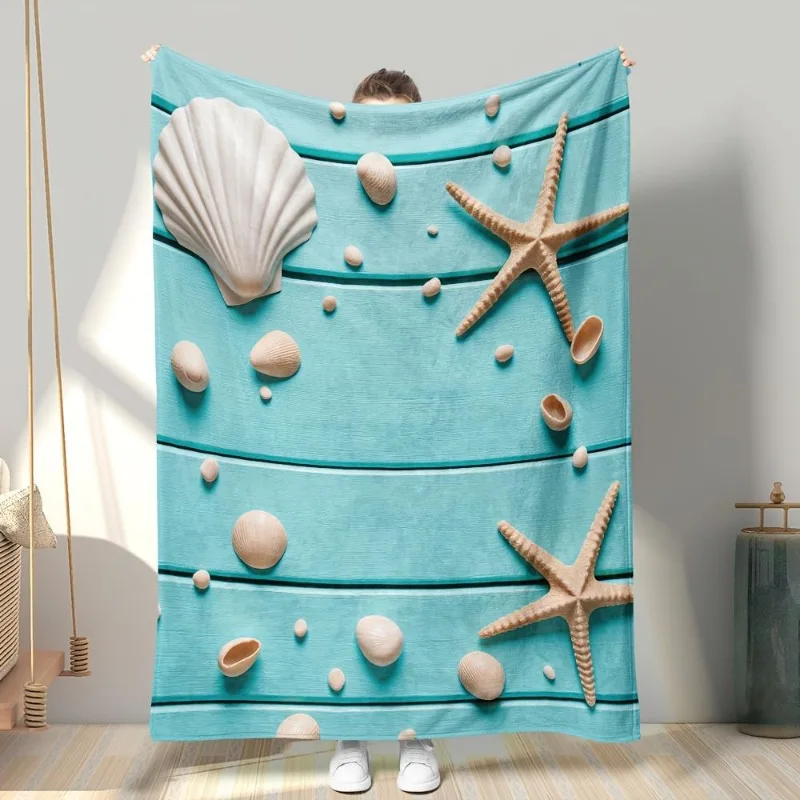 1 blanket - Seaside beach toss blue shell and starfish pattern suitable for living room and bedroom - ideal seaside color