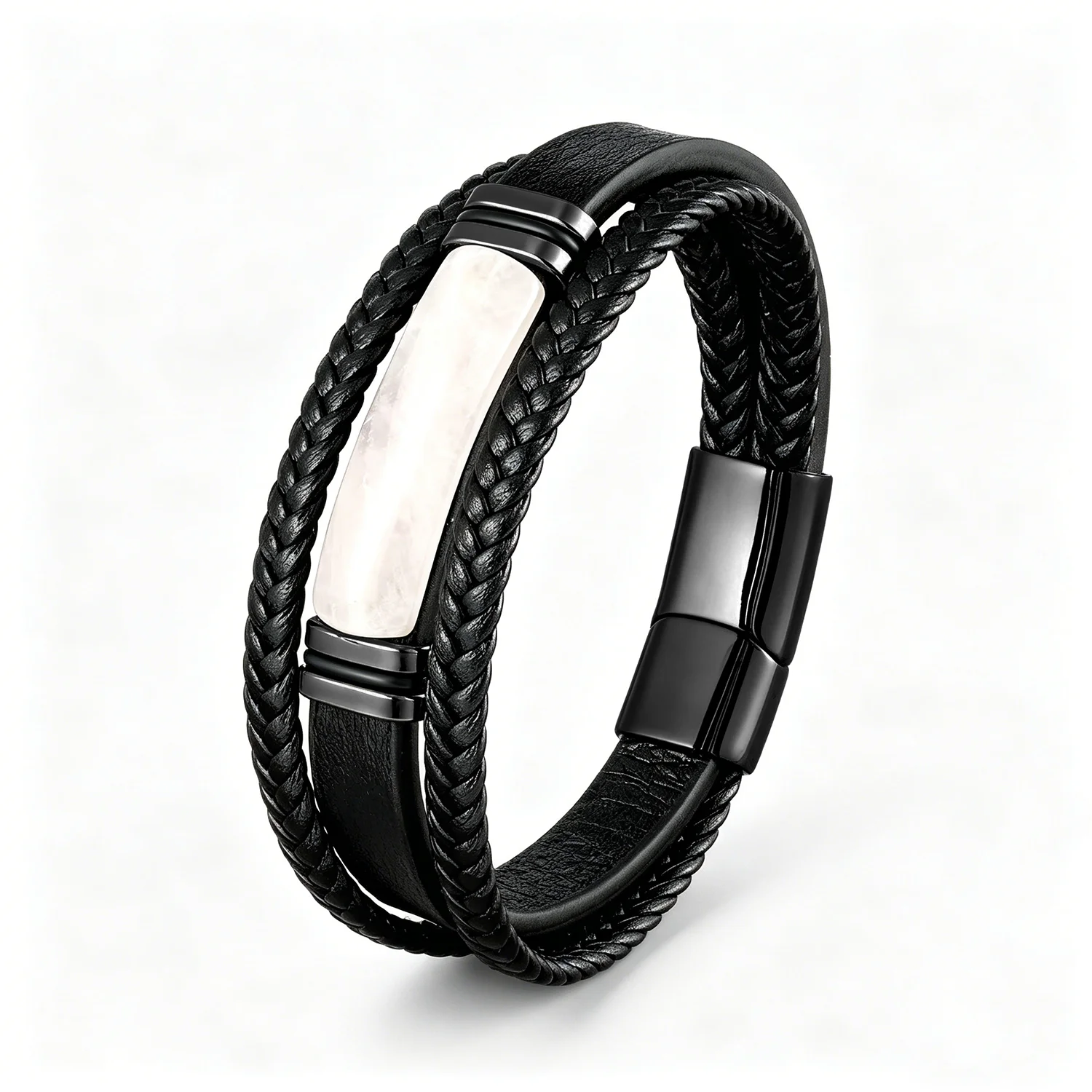 Naturkristallstein-Lederarmband für Männer – Geflochtenes Leder, Edelstahlverschluss, spiritueller Meditationsschmuck – Detail 7