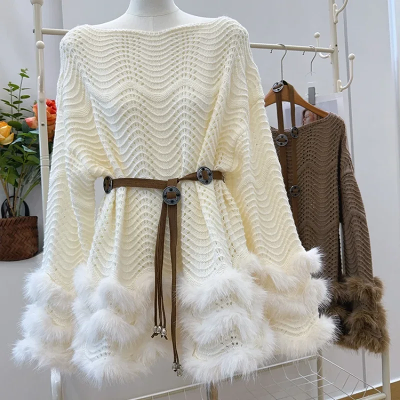 Womens Brown Knit Sweater Wide Neck Batwing Sleeves Faux Fur Hem Belted Waist Pullover Top Cozy Fashion Autumn Winter Wear