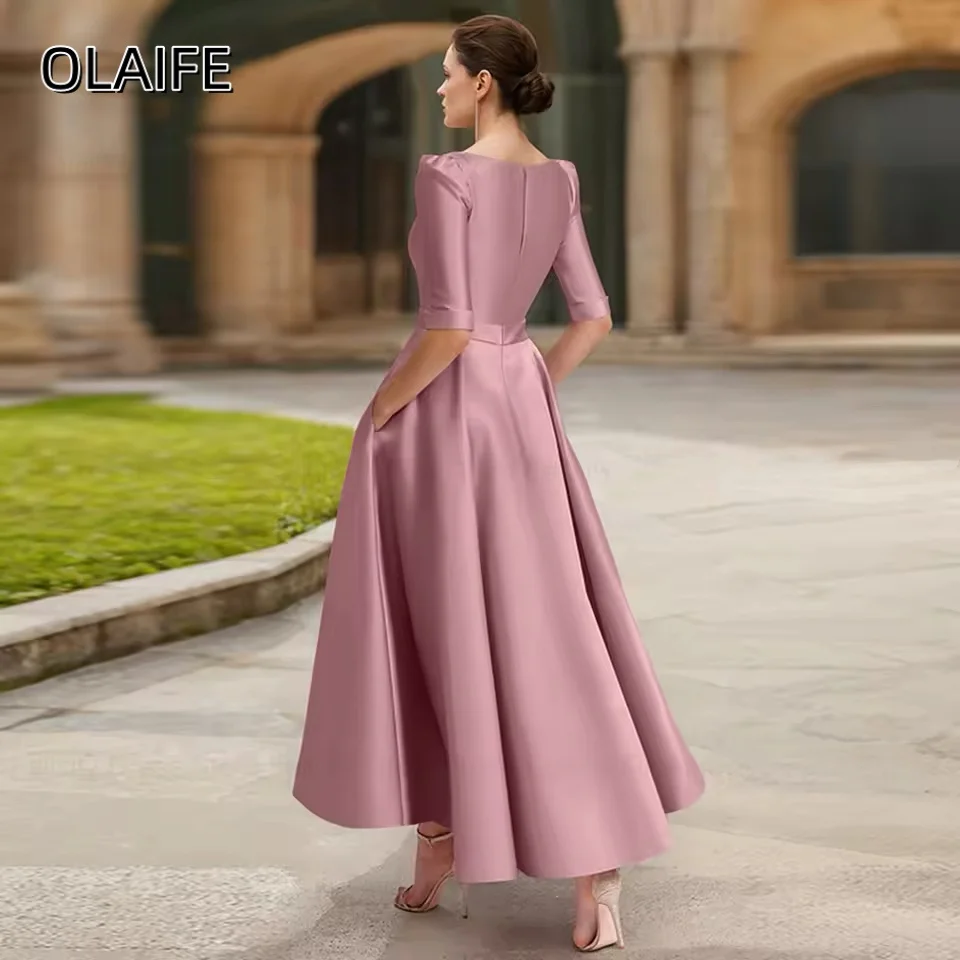 فساتين أنيقة على شكل حرف a من الساتان على شكل حرف a لأم العروس بطول الكاحل نصف كم وجيب مخصص فساتين Fساتين Sheer