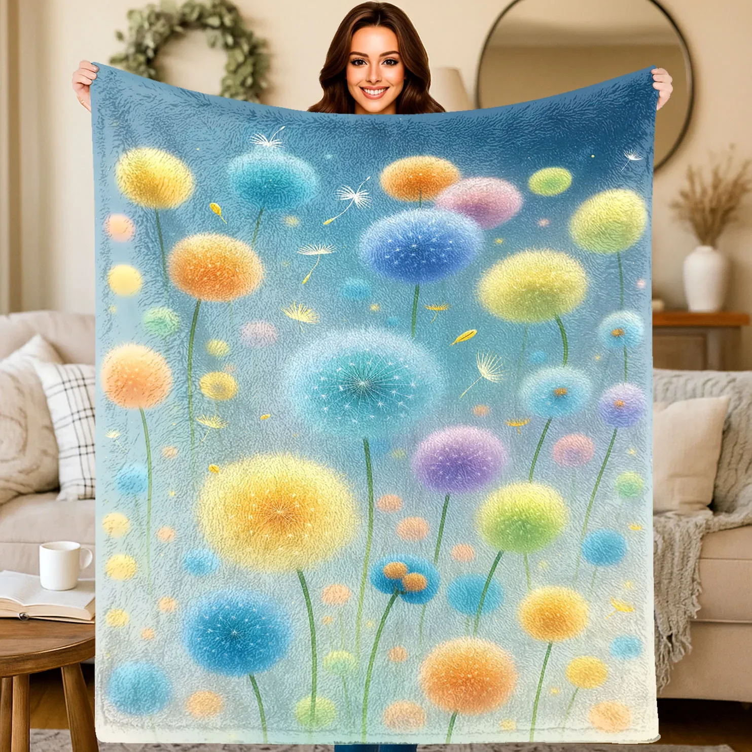 Colorful Dandelion Throw Blanket Pastel Ball Print Art Design For Living Room Bedroom Aesthetic Home Decor