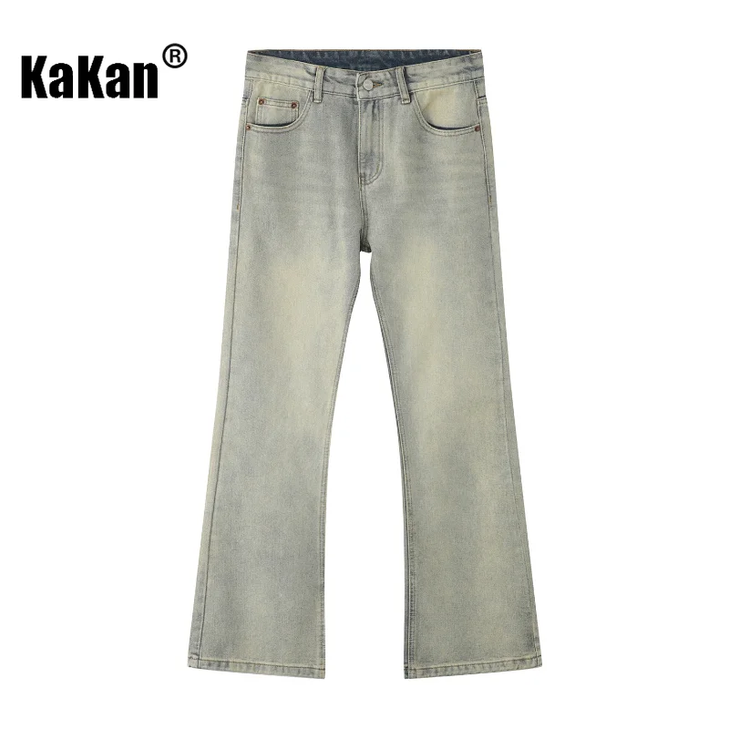 Kakan - New Retro Mud Yellow Distressed Jeans for Men, Ground White Slightly Flared Straight Leg Jeans K50-930