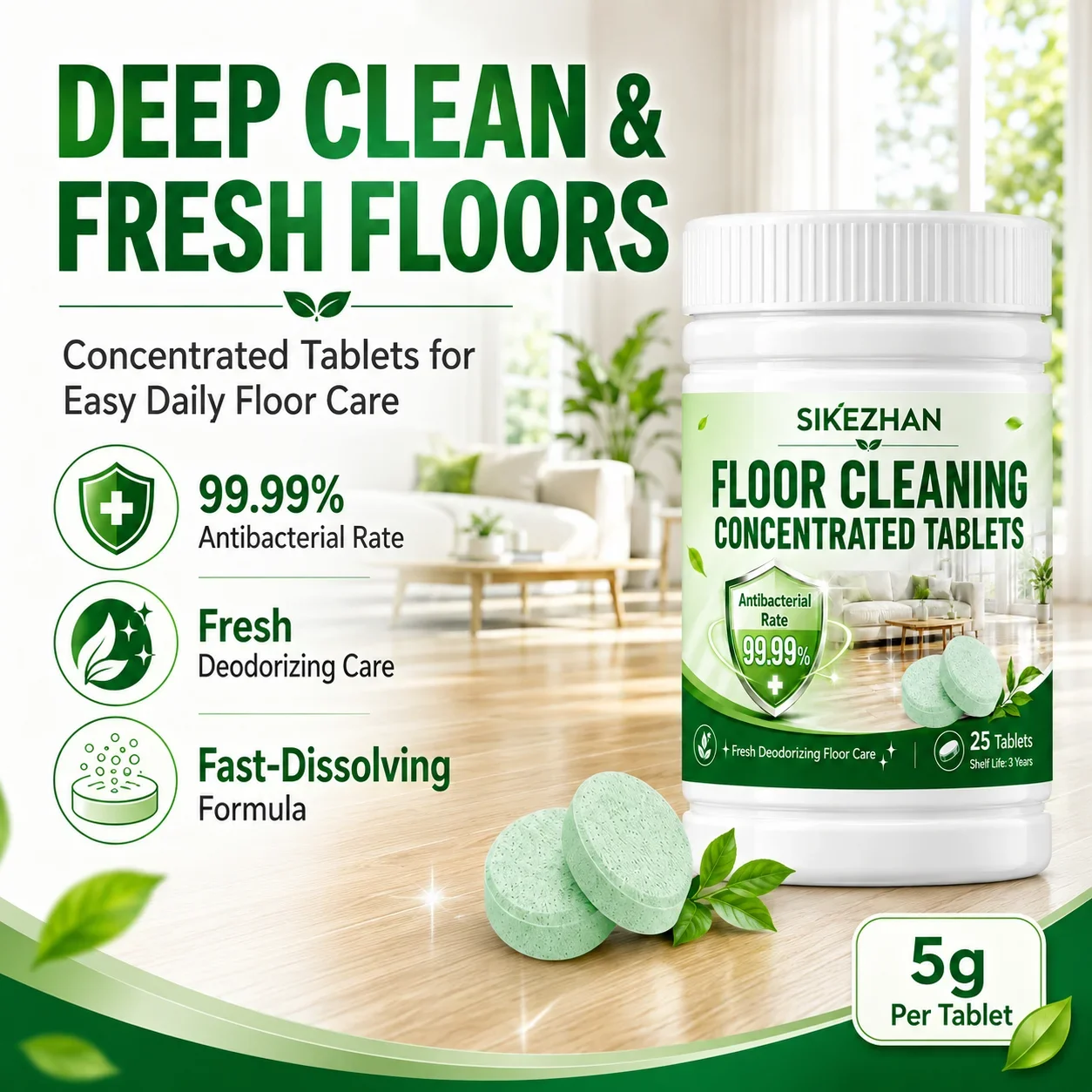 Floor Cleaning Tablets 25pcs, Concentrated Mop Cleaner, Antibacterial Deodorizing Floor Care for Kitchen Bathroom Wood Tile Home