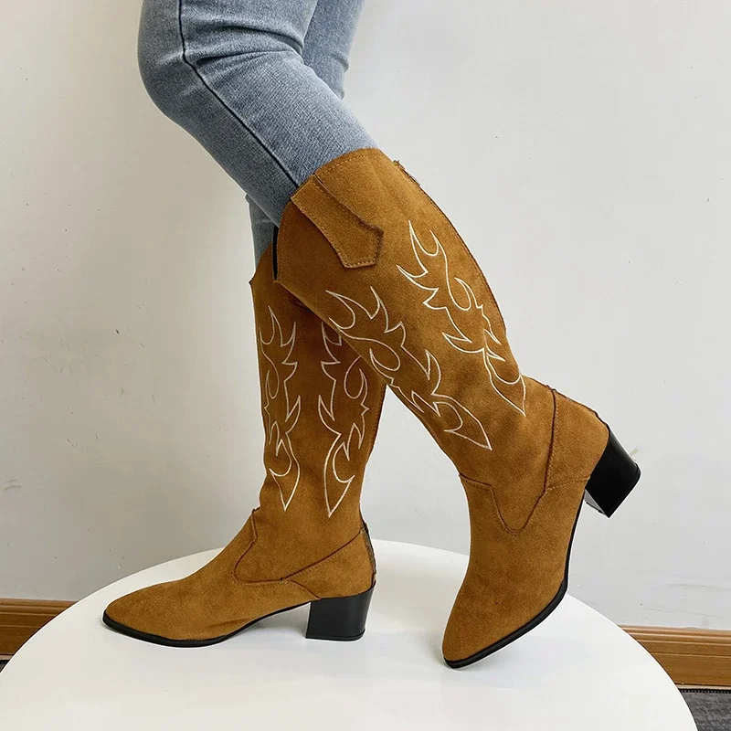 Embroidered Cowboy Boots for Women Knee High Midium Chunky Heel Pointed Toe Retro Classic Western Cowgirl Boots