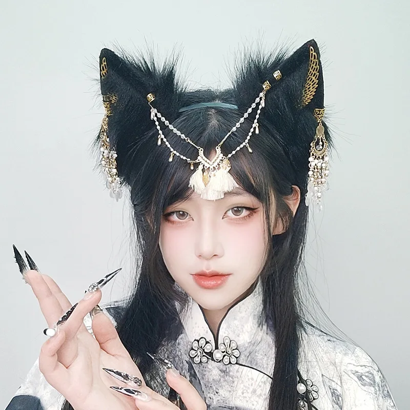 

Headband woman Wolf ears black pearl hair accessories y2k accessories Lolita cosplay Hair clips for hair Hair tie girls item