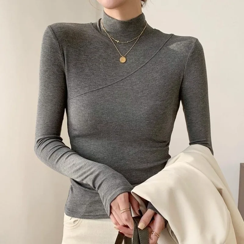 

Women Half Turtleneck Bottoming Shirt Female Fashion Solid Color Slim Fit Top Casual All-match Modal Thread T-shirt Long Sleeve