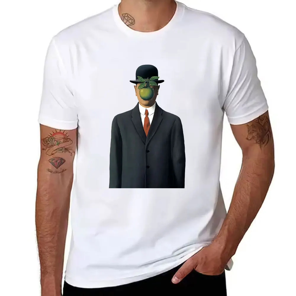 Men's Cotton T-Shirt with Surreal Apple & Bowler Hat Print, Casual Crew Neck Short Sleeve Top for Daily Wear