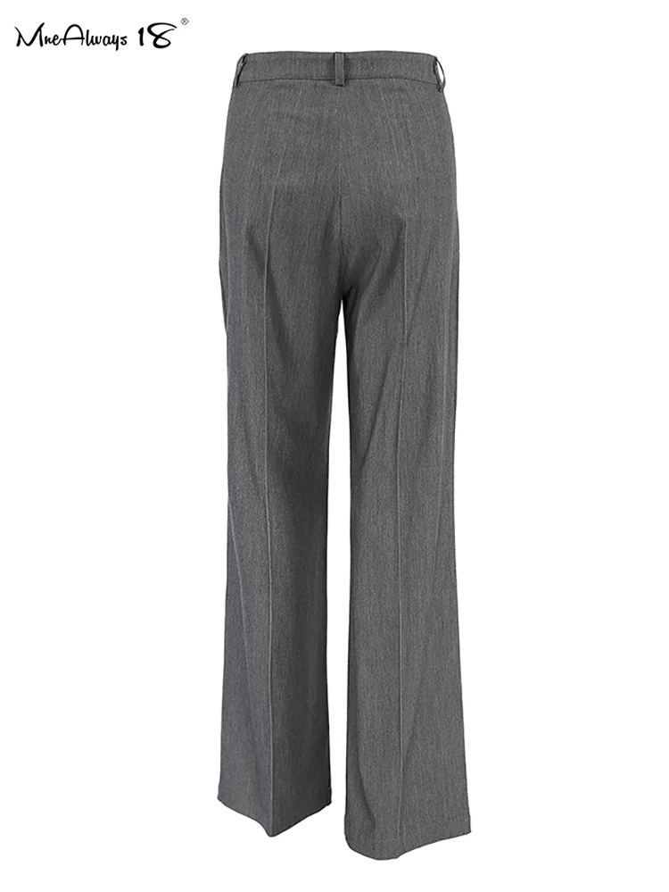 Mnealways18 Gray Pleated Straight Pants Women Office Ladies High Waist Floor-Length Trousers Autumn Winter 2024 Ruched Long Pant