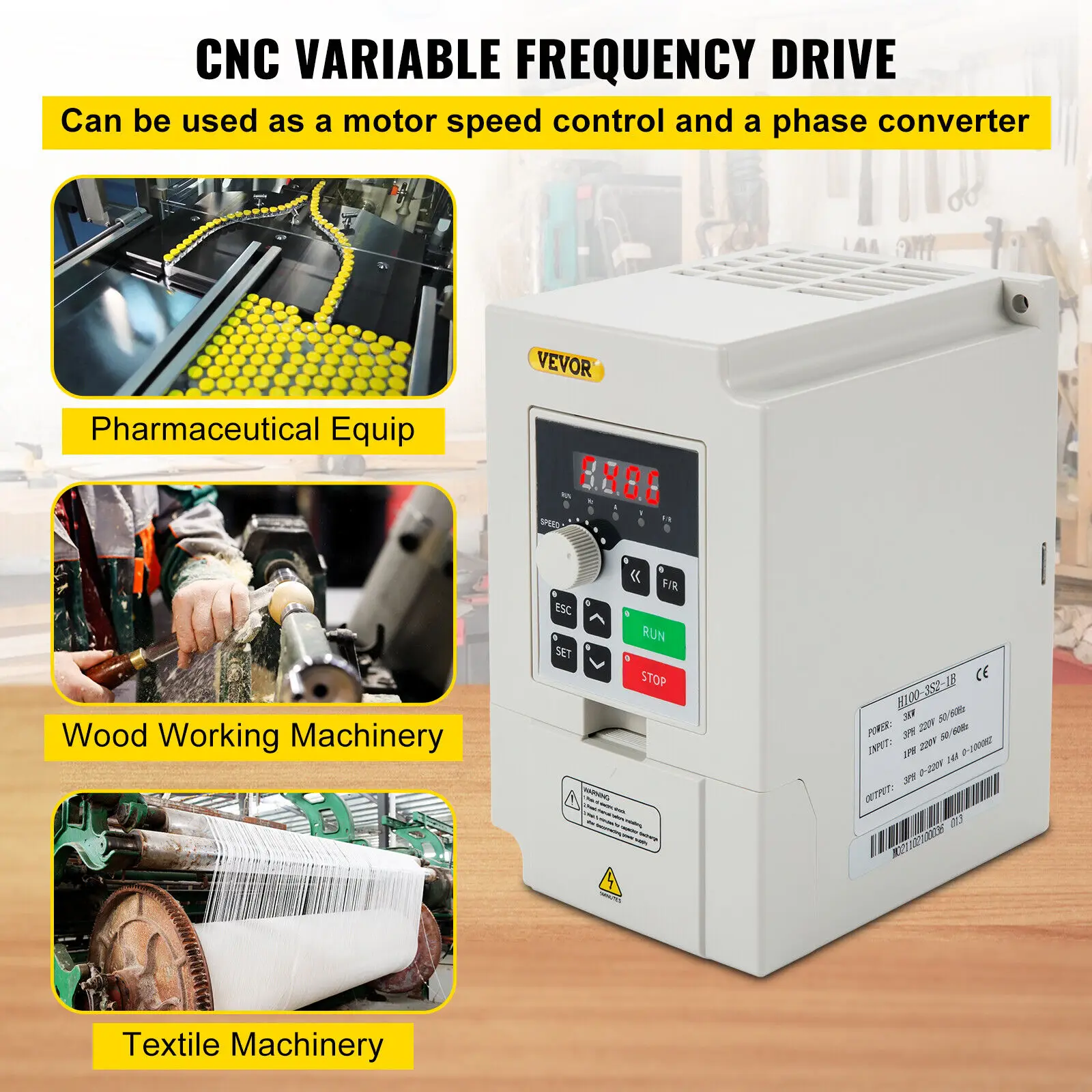 VEVOR 2.2/3/4/7.5KW VFD Frequency Inverter 110V/220V 1/3P Input 3P Output Variable Frequency Drive CNC Motor Inverter Converter