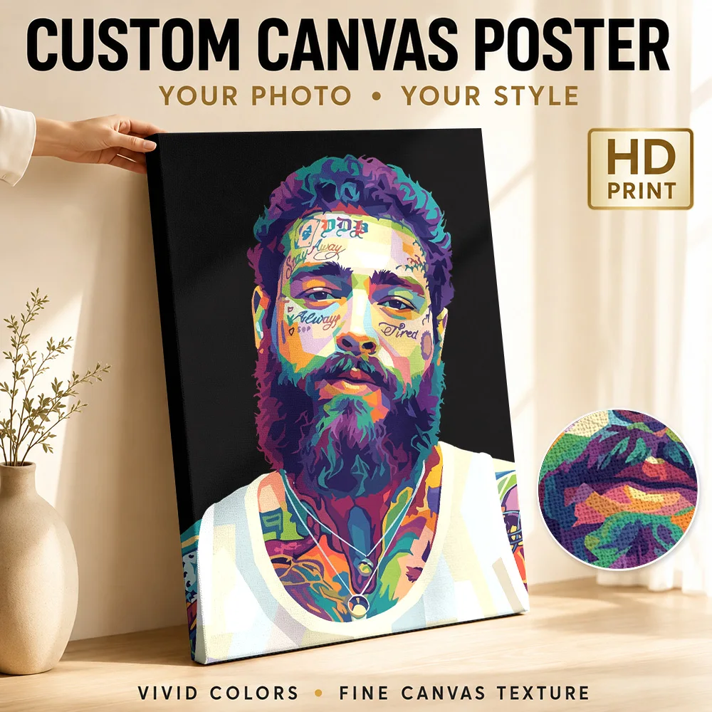 Post Malone Singer Portrait Framed Canvas Print Personalized Photo Multicolor Polygon Shapes Wall Art For Music Listening Room