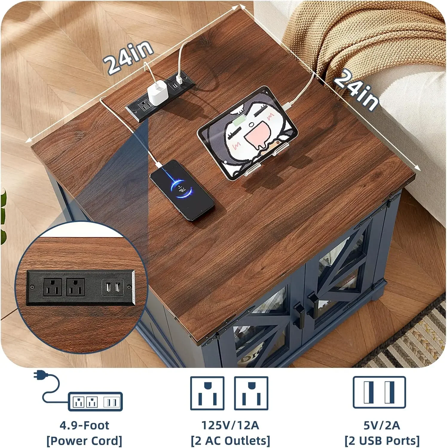 [Цена со скидкой, горячая распродажа! ] Торцевой столик для фермерского дома с зарядной станцией, большой приставной столик для дивана 24 дюйма со стеклянной дверью сарая, Blue Nig