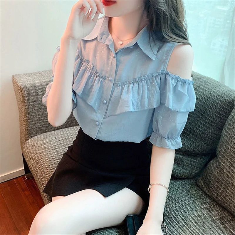 Women Ruffle Sexy Off Shoulder Chic Sweet Shirts Summer Korean Style Lapel Short Sleeve Blouses Solid Elegant Chiffon Tops Blusa