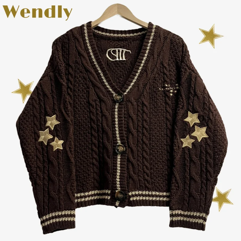 

Dark Coffee Star Embroidered Cardigan for Women Autumn Winter Knitted Sweater Y2k Girl Fashion Vintage Cardigans Tops Knitwear