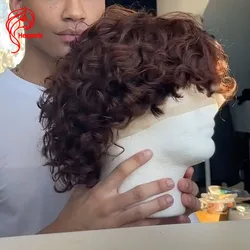 Hesperis Brown Curly Mullet Wig Brazilian Remy Full Lace Human Hair Wigs Curly Pixie Cut Wig Short Men's Wig With Bangs