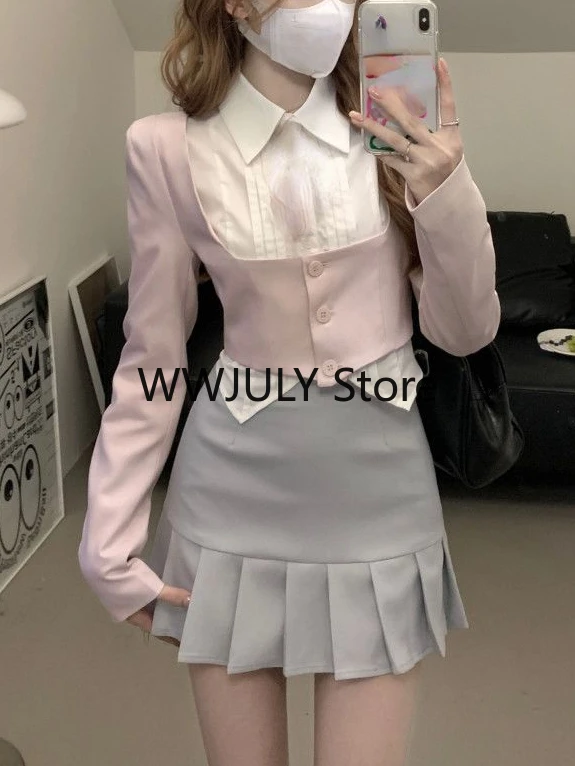 Fashion 3 Piece Set Skirt Woman Kawaii Uniform Suit Casual Shirt + Pink Short Tops + Slim Y2k Mini Skirt Japanese 2023 Autumn