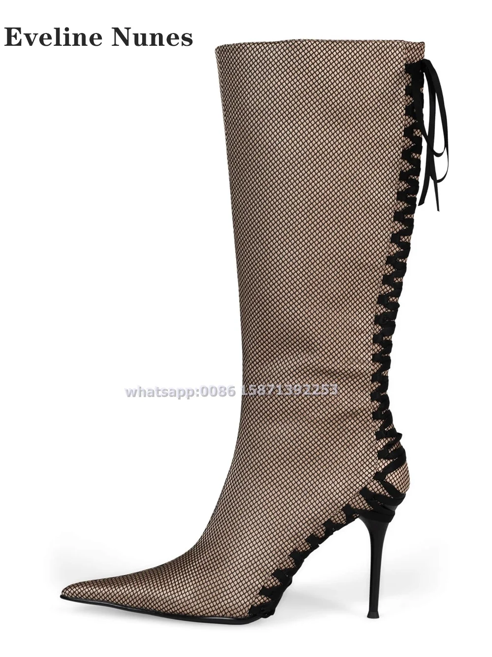 Fishnet Overlay Corset Lacing Knee-High Boot Pointed-Toe Stiletto Cross Tied Sexy Modern Boots Spicy Girl Street Style Plus Size