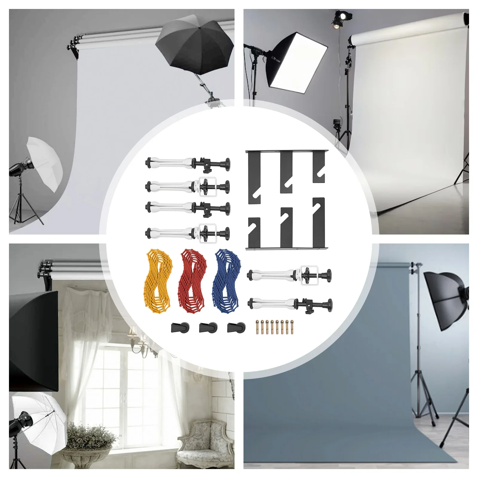 Kit de montaje del sistema de soporte de fondo de 3 rodillos, dispositivo de fondo manual, soporte montado para fotografía con ganchos, cadenas