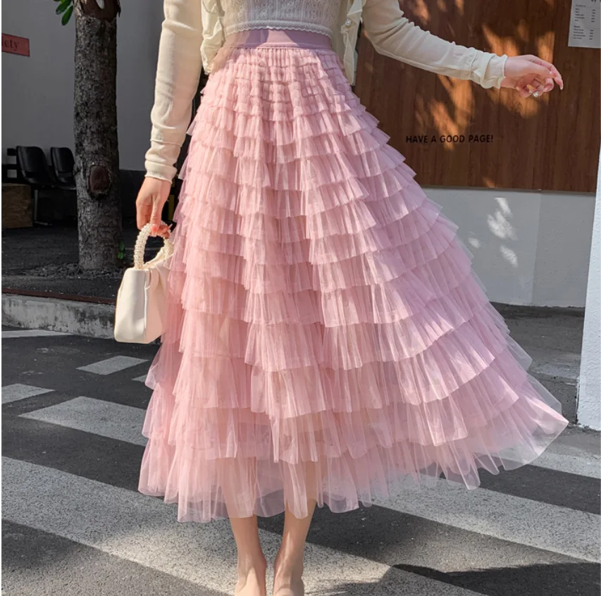 

Elegant Puffy Cake Long Mesh Skirt Elastic Waist Gauze Tulle Skirt for Autumn QT1989