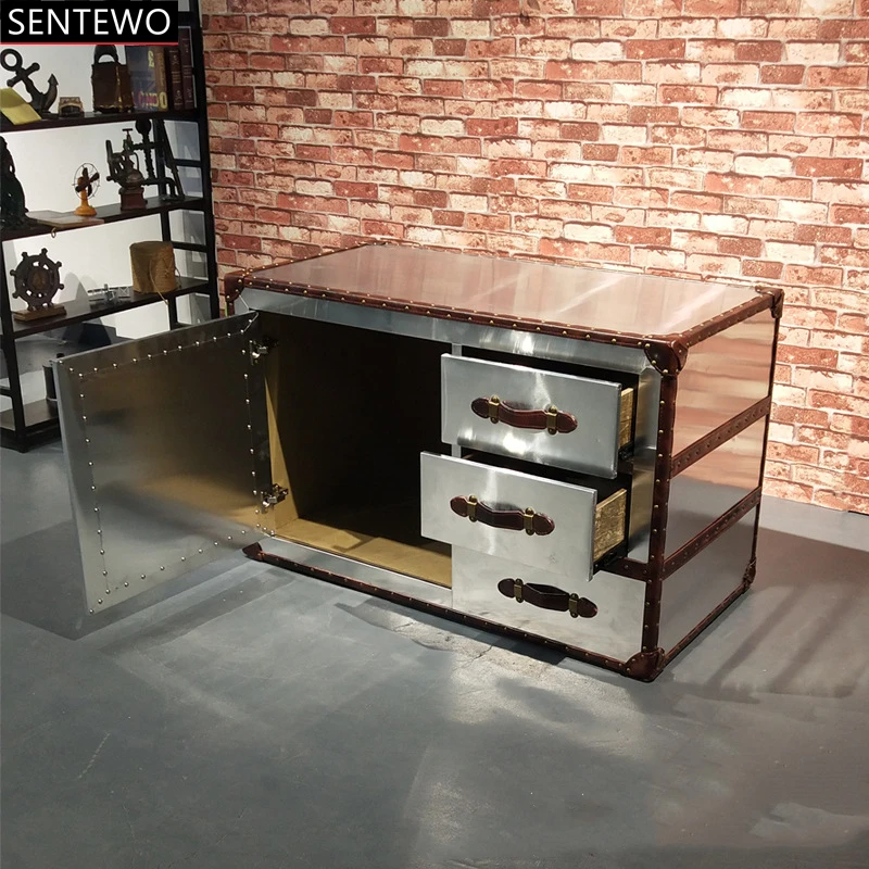 SENTEWO Antique Classic Design Creative Storage Bucket Cabinet Coffee House Aluminum Three Drawers Flip Table Side Cabinet