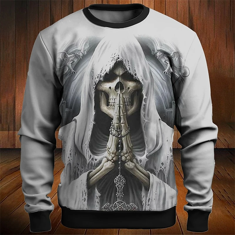 

Retro Grim Reaper Primal 3D Personalized Pattern Men's Crew Neck Hoodless Sweatshirt Tops Comfortable Material Large Hooded