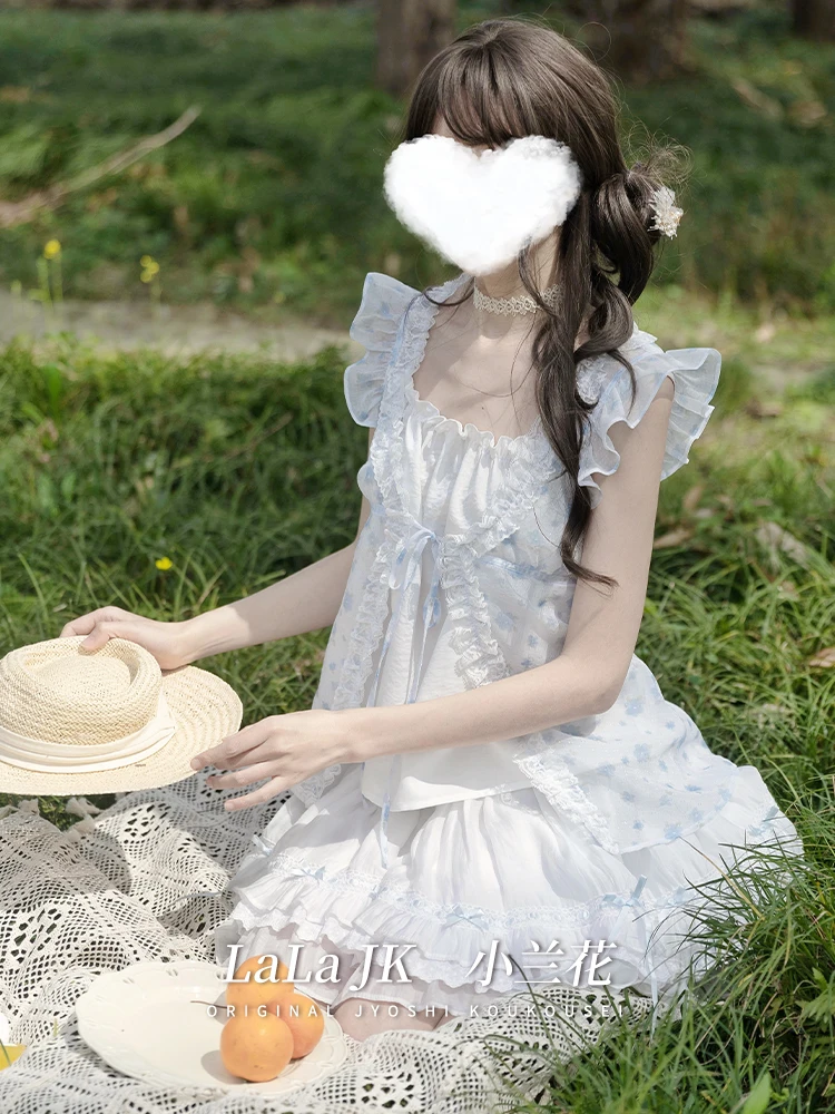 Minifaldas japonesas de dos piezas para mujer, Top estampado de malla de encaje sin mangas con cuello cuadrado, cintura alta elástica, corte en A