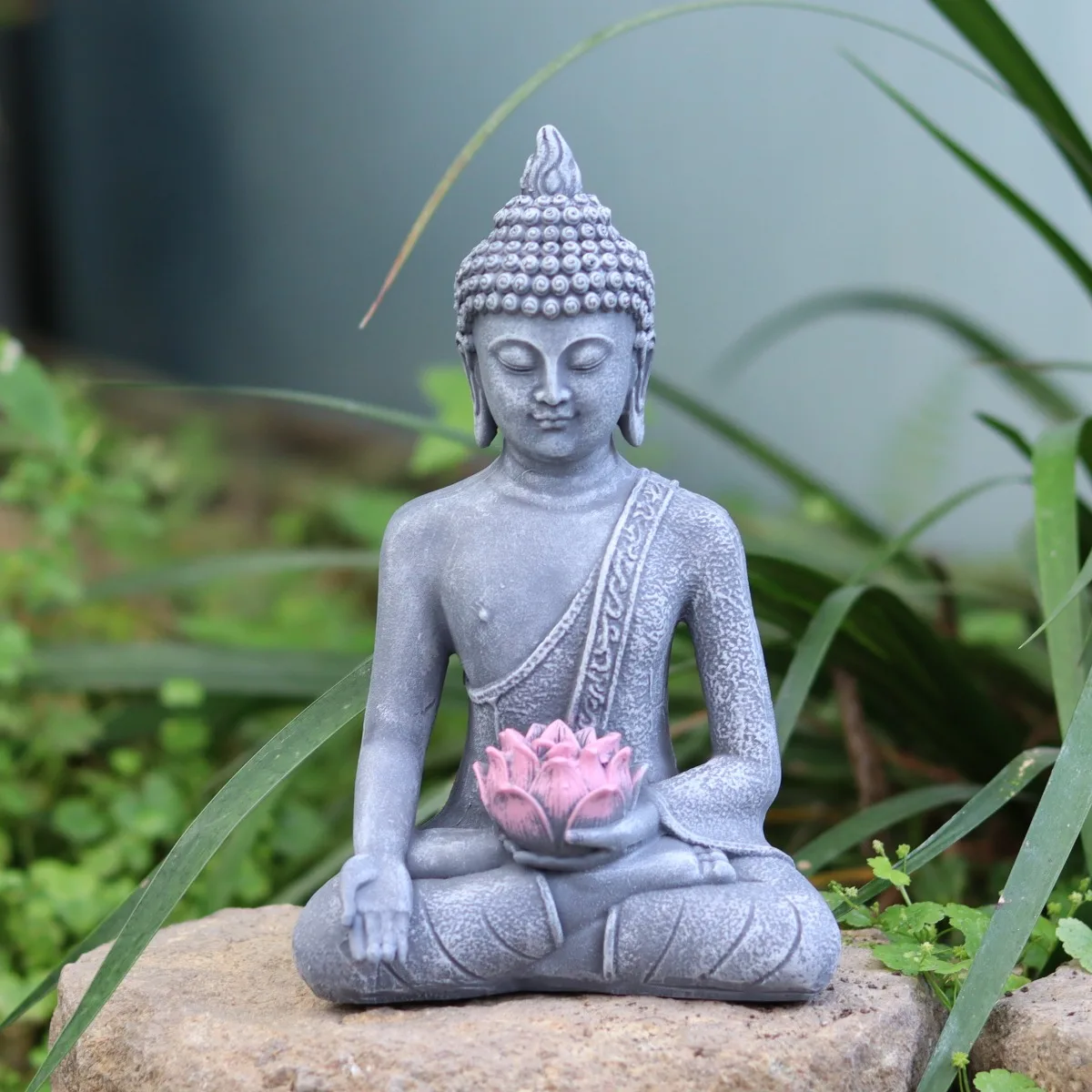 Resin Zen Figurine Meditating Gray Outdoor Statues with Pink Lotus Decor Sculpture Garden Patio Home&Yoga Room Indoor Outdoor