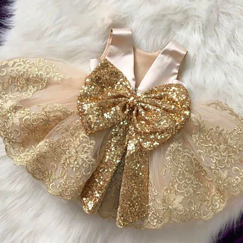 Big Bow Flower Champagne 1srt Birthday Dress Baby Girl Clothes Princess Party Baptism Dress Infant Vestidos Toddler Costume