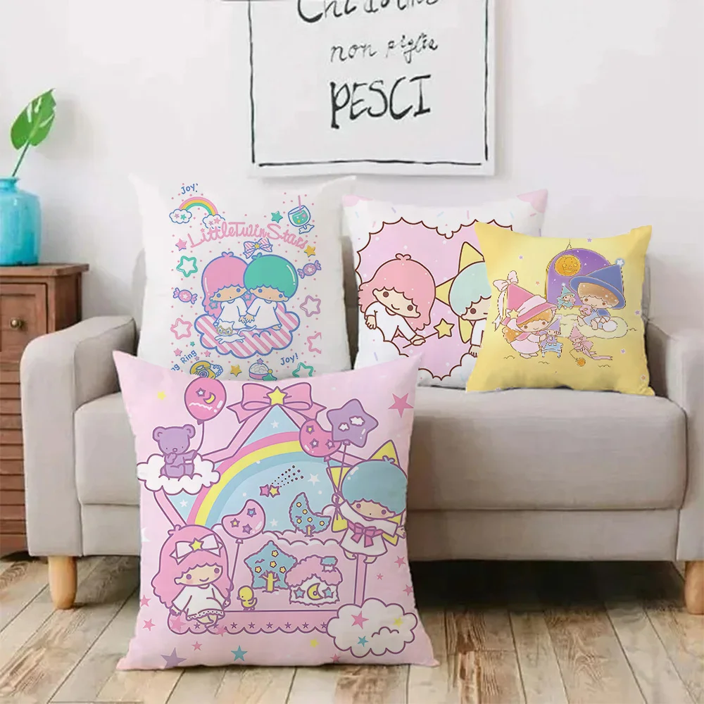 

Kawaii Little twin stars Anime Pillow Covers Cartoon Sofa Decorative Home Double-sided Printing Short Plush Cute Cushion Cover