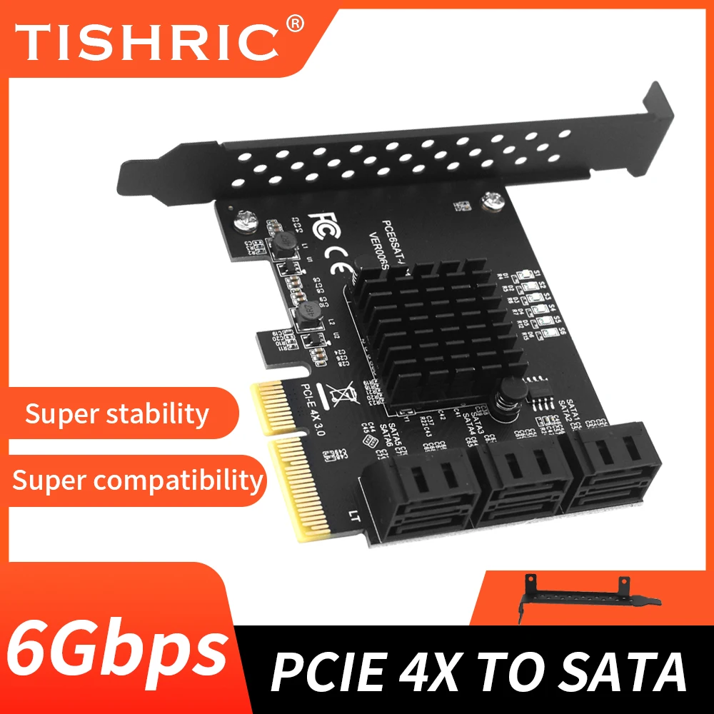 TISHRIC PCIE 4X To 6 Ports SATA 3.0 6 Gbps Expansion Card Pcie Splitter Controller PCI-Express 4x 8x 16x Add On Card for HDD SSD