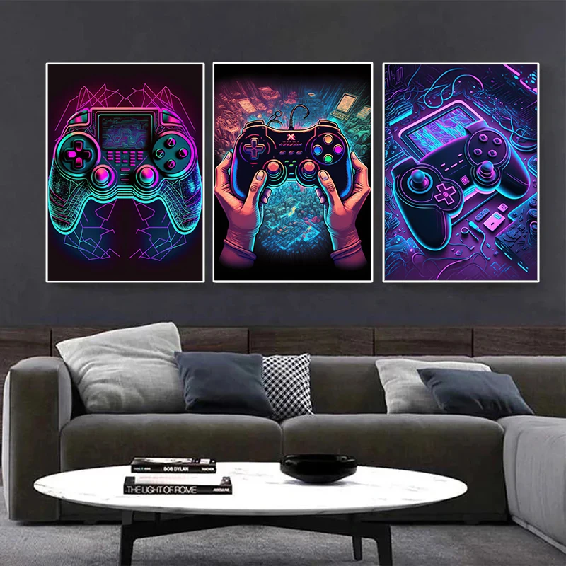 Neon Game Console Hand Controller Poster And Print Colorful Canvas Painting Abstract Wall Art For Gamer Room Home Decor No LED