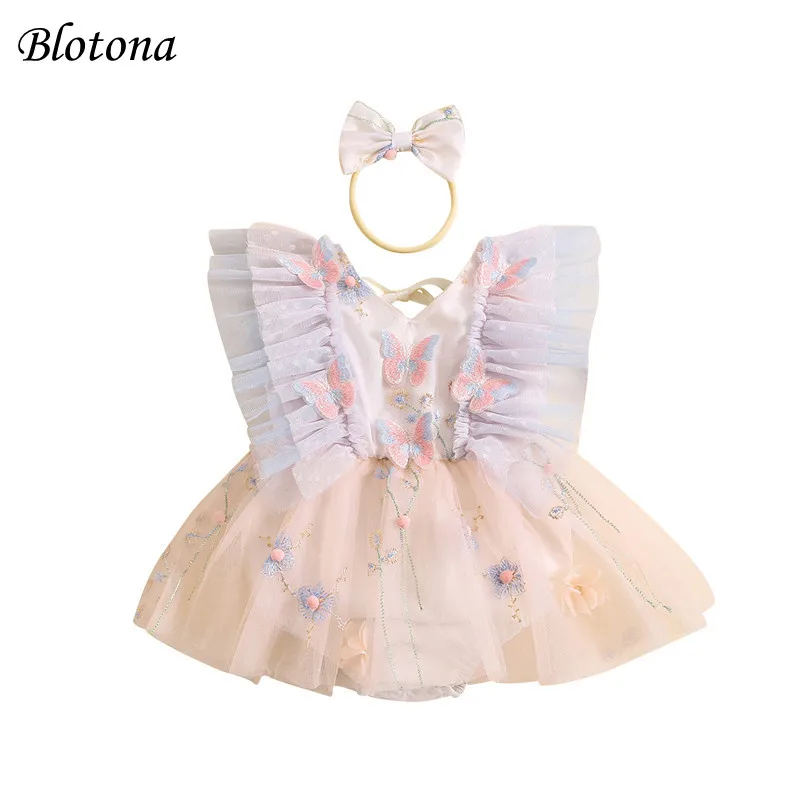 

Blotona Baby Girl Summer Set, 3D Butterfly Flower Embroidery Fly Sleeve Mesh Romper Dress + Bow Headband Toddler Outfits 0-18M