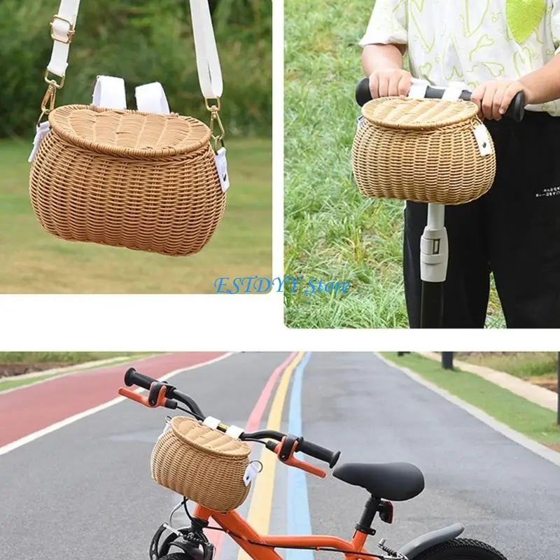 

G6DE Childrens Bicycles Basket Waterproofs Plastic Wovens Bicycles Basket Detachable Wicker Front Handlebars Bikes Basket
