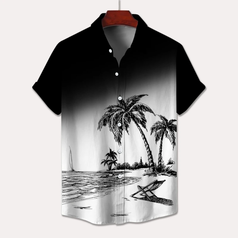 Hawaiian Men's Shirt 3d Beach Palm Trees Graphic Short Sleeve Print Tops Summer Casual Lapel Button Shirt Oversized Men Clothing