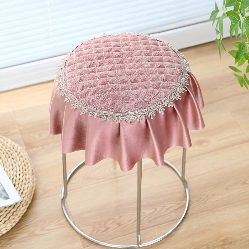Round Chair Cover Solid Lace Trim Durable Wear-Resistant Dustproof Decorative Chair Cover Home European Vanity Stool Protector