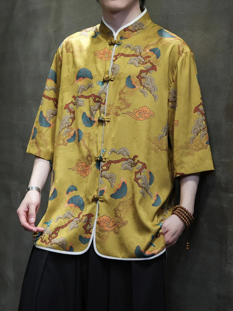 

Ice Silk ort Sve irt Men's Vintage Button Chinese Sle Summer New Arrival Thin Hanfu Tang Costume Printed Loose Fit Y...