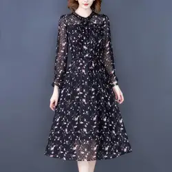 2023 Spring Autumn Womens Clothing Ruffles Lacing Fragmented Long Sleeved Round Neck Gauze Mesh Hollow Out Chiffon Midi Dress