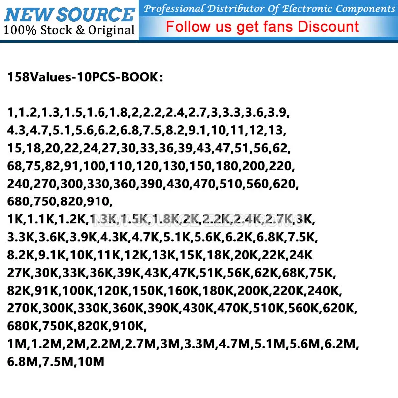 1/4W 1% Metal Film Resistor Sample Book 122/140Values 0.25W 1R~10M Ohm Assorted Resistor Kit Pack Newsource
