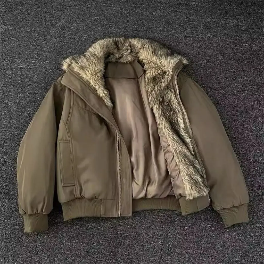 

Vintage Winter Fur Collar Cotton Coat Thick Warm High-end Cotton Padded Jacket Streetwear Long Sleeves Short Top Trendy Coats
