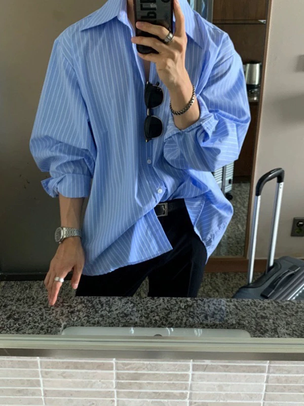 

Blue Vertical Stripes Men's Long Sleeve Casual Loose Shirt TANGZ STUDIO Korean Style Spring Autumn Fashion Polyester Fiber