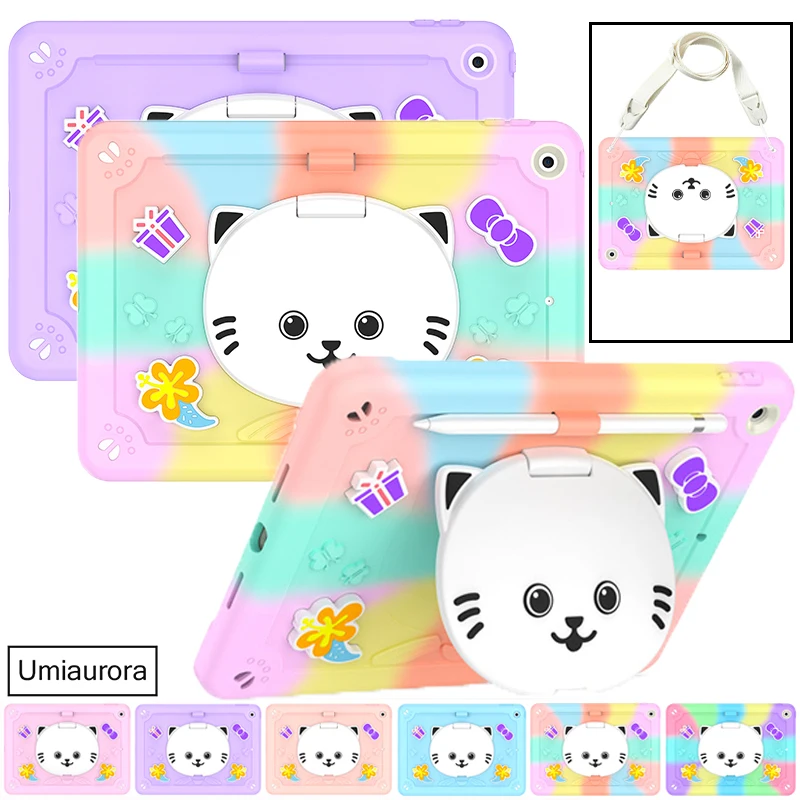 

For IPad 7th 8th 9th 10.2 10th 10.9 11th Gen 11 inch A16 Kids Cartoon Cat Tablet Case Cover Stand Strap Shockproof Rugged Funda