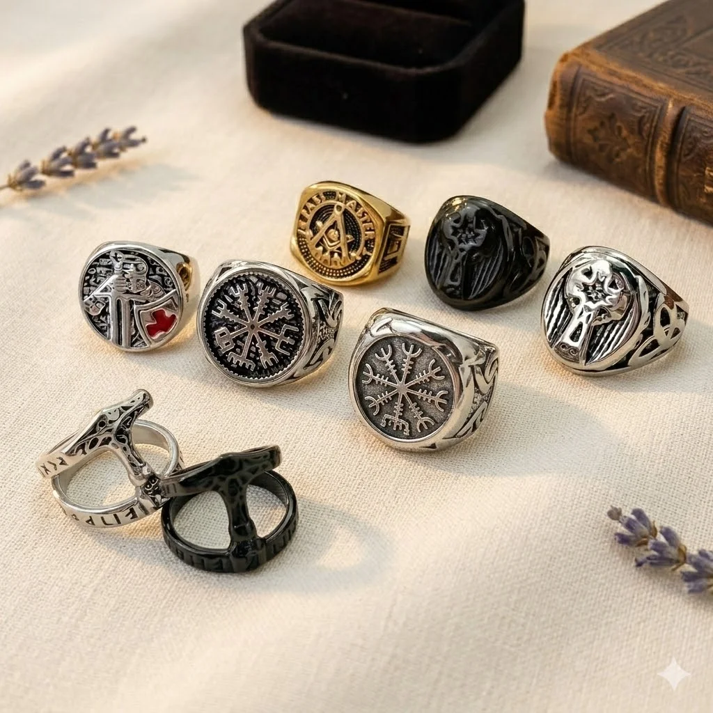 Vintage Viking Compass Runes Rings Men Stainless Steel Masonic Signet Ring Gothic Punk Knight Templar Cross Retro Biker Jewelry