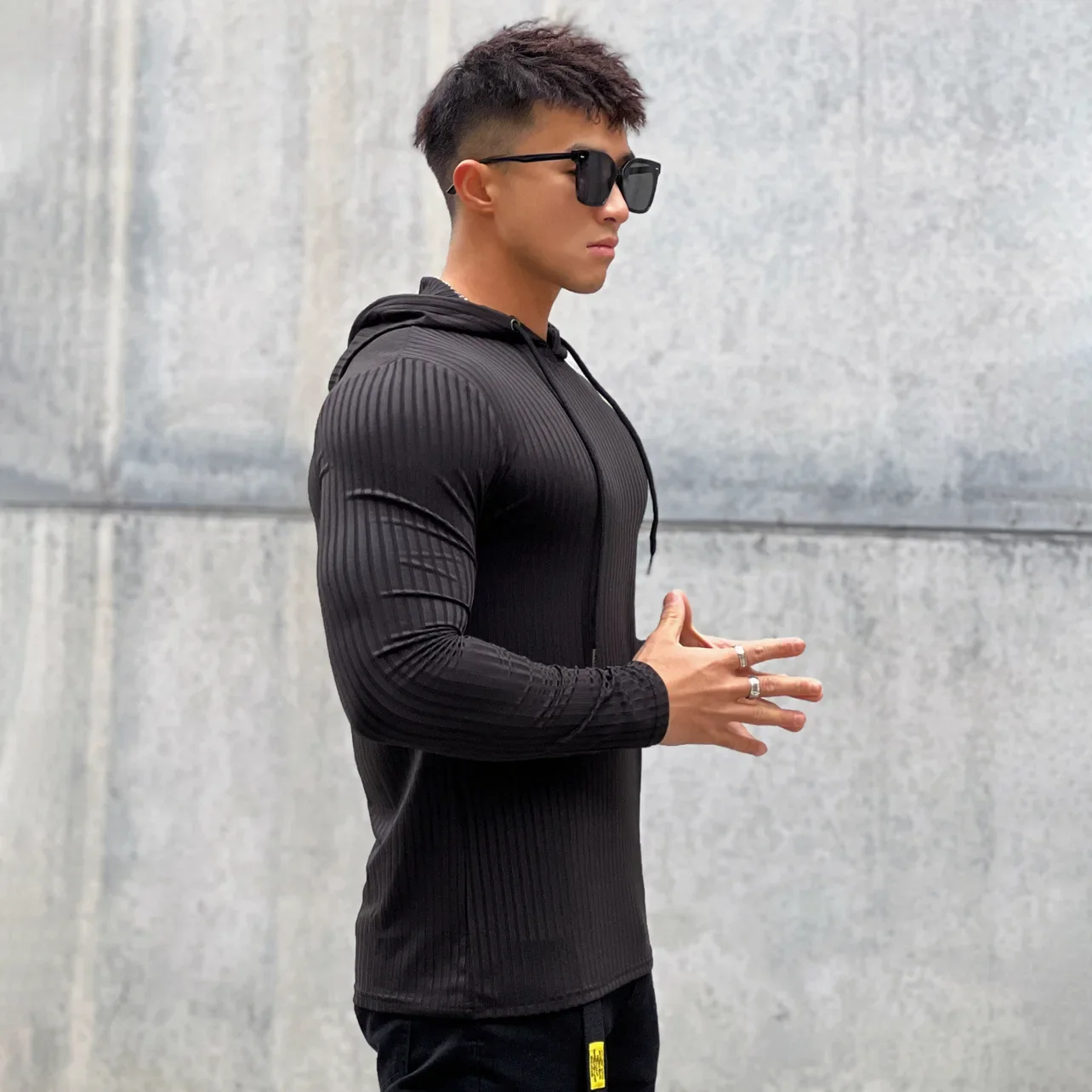 Men Fashion Knitted Pullover Fitness Hoodie Slim Bottom Shirt Running Training Long Sleeve Men Thin Sport Hoodie