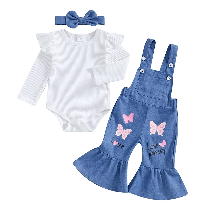 

Adorable Baby Girl 3-Piece Outfit Set with Long Sleeve Romper Butterfly Overall Pants and Matching Headband for a Stylish