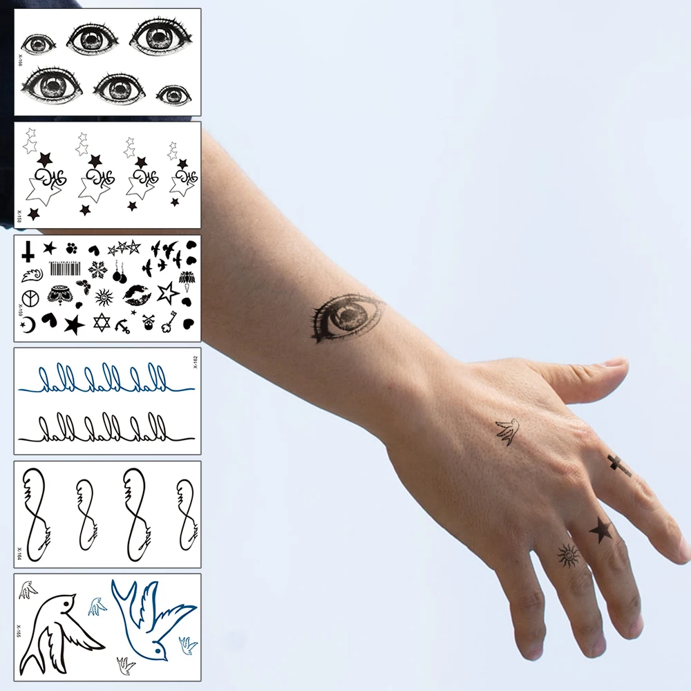 

Водонепроницаемые временные поддельные татуировочные наклейки, водяной транскриптор небольшие рисунки наклейки, черные линии звезды глаза тело искусство