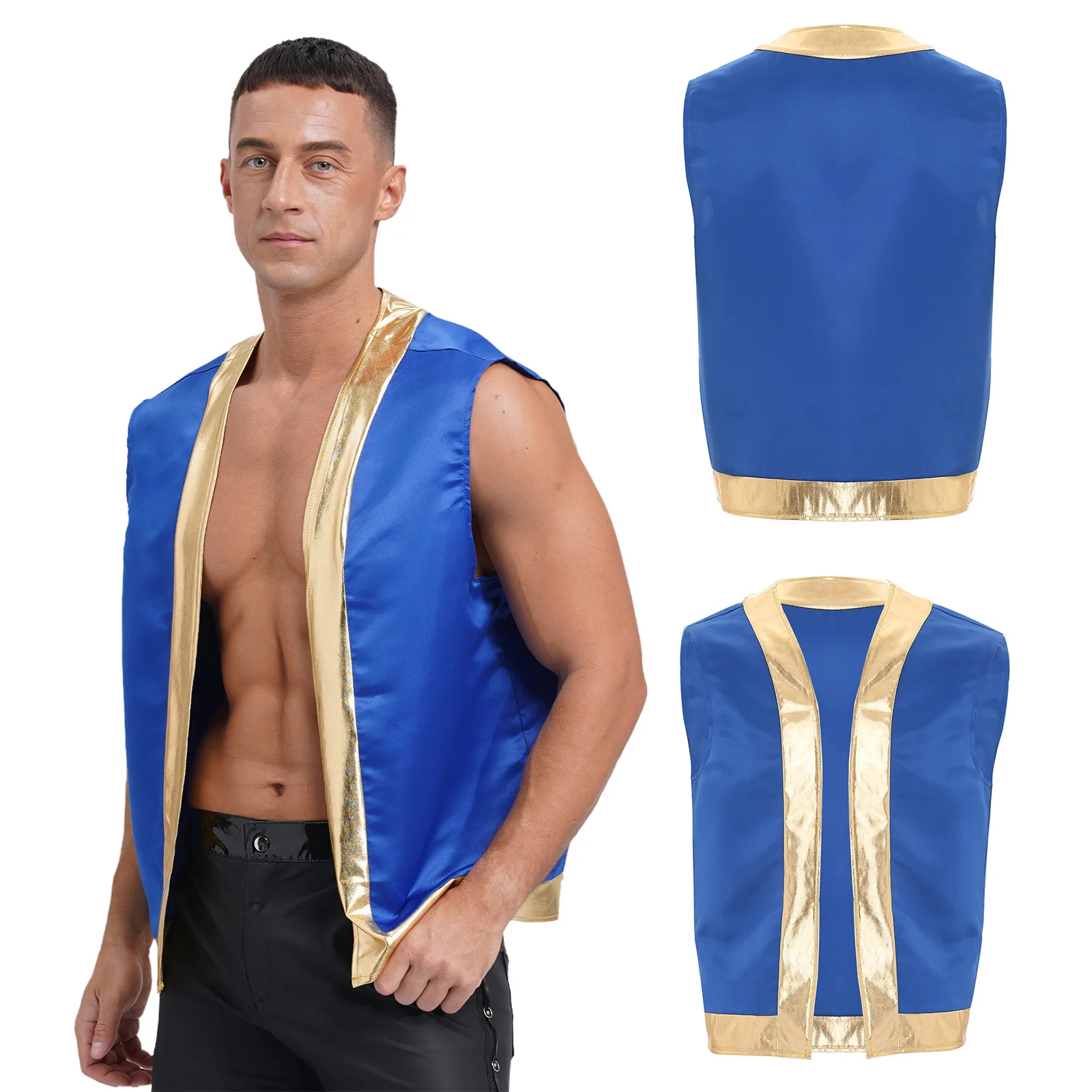 Mens Arabian Toad Vest Cosplay Costumes Open Front Metallic Shiny Trim Contrast Waistcoat Captain Cosplay for Halloween Party