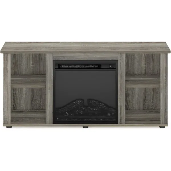 Furinno Jensen Fireplace Entertainment Center TV Stand with Open Storage for TV up to 55 Inch, French Oak Grey