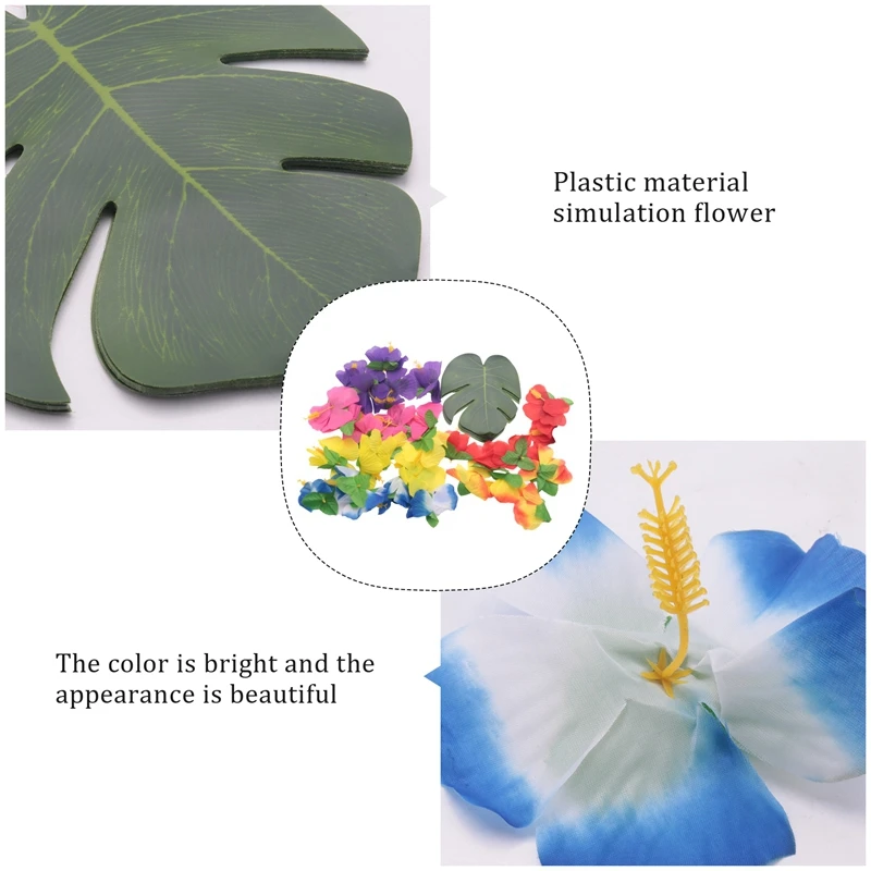 60 Pcs Tropical Party Decoration Supplies 8 Inch Tropical Palm Monstera Leaves And Hibiscus Flowers, Simulation Leaf For Hawaiia