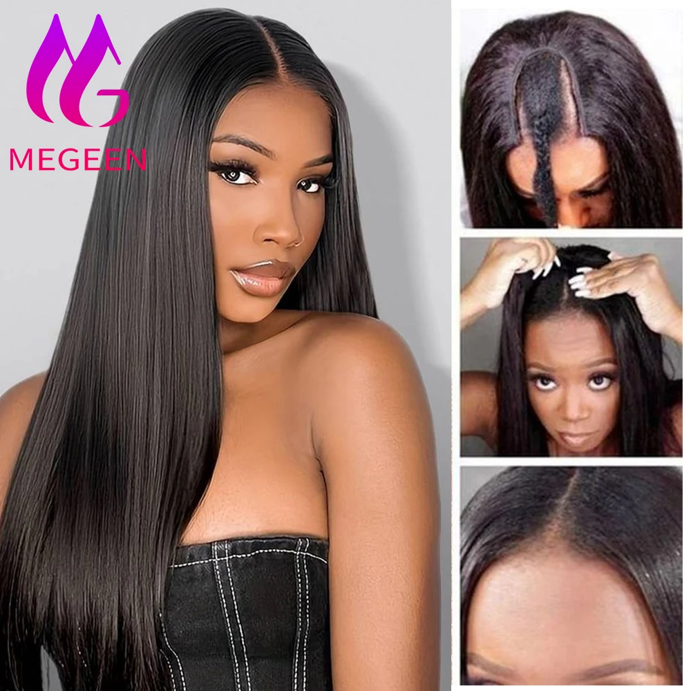 

Megeen U Part Wigs Human Hair Full Machine Wigs Straight No Sew In No Glue Virgin Hair For Women Beginner Friendly 18-30 Inches