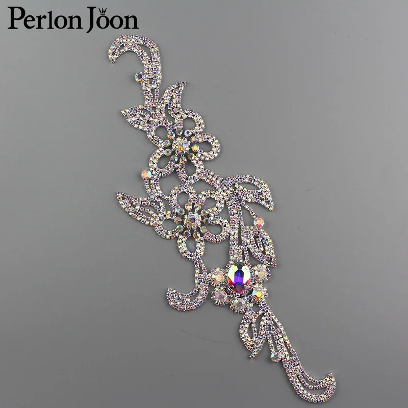 9.6*3.1 inch AB Crystal Long Flower Crystal Applique Rhinestone Patch Sew for Bridal Headdress Wedding Dress Accessories YH C013